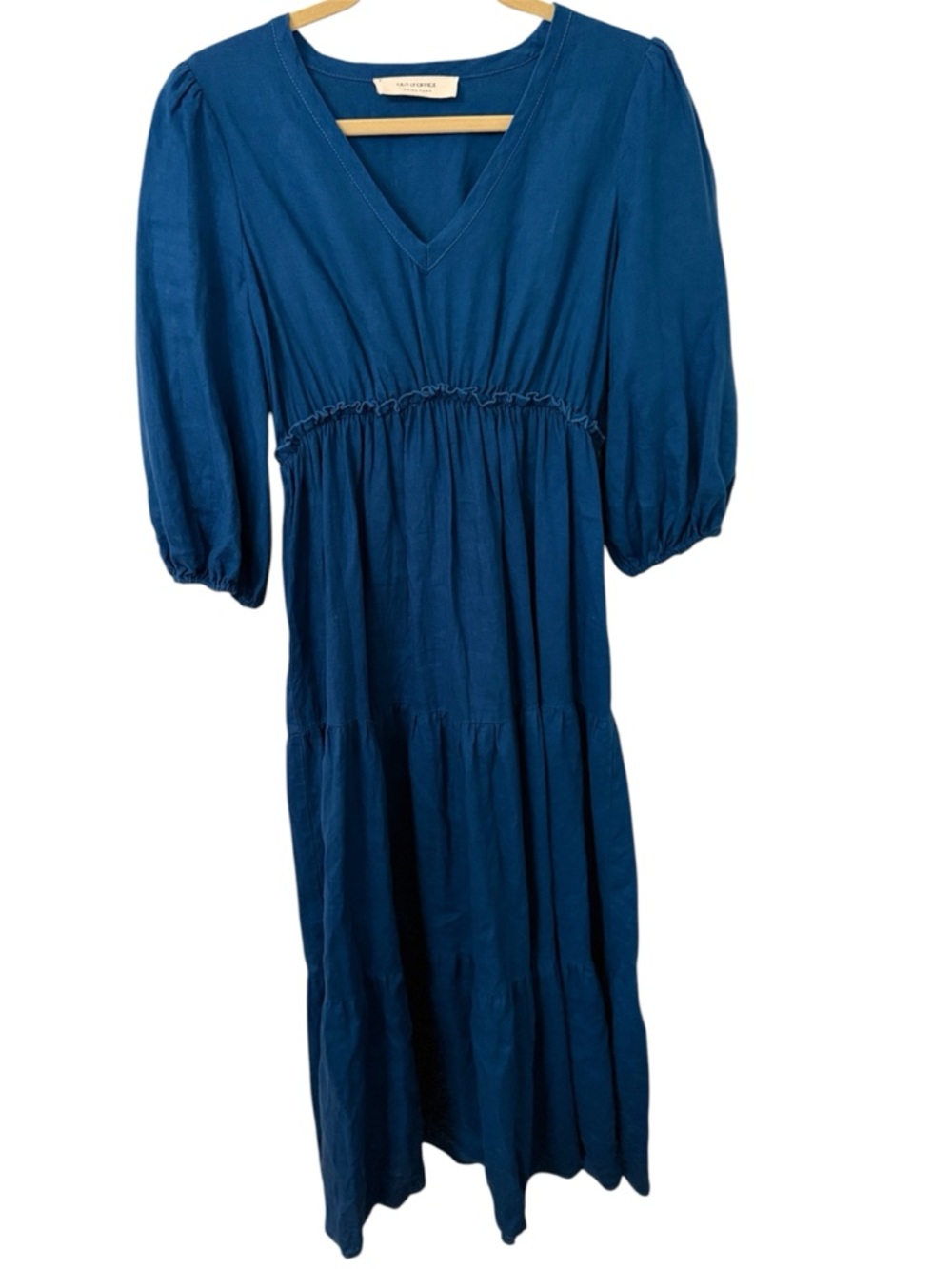 Out of Office Trina Turk Blue Linen Midi Dress Puff Sleeve Tiered